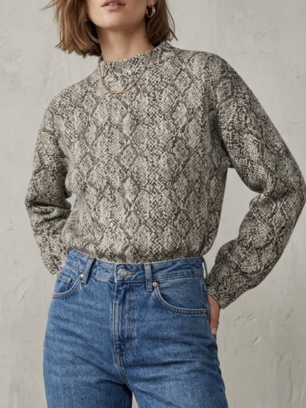 ZARA Snakeskin Print Sweater Mock Neck Pullover Boxy Fit Small